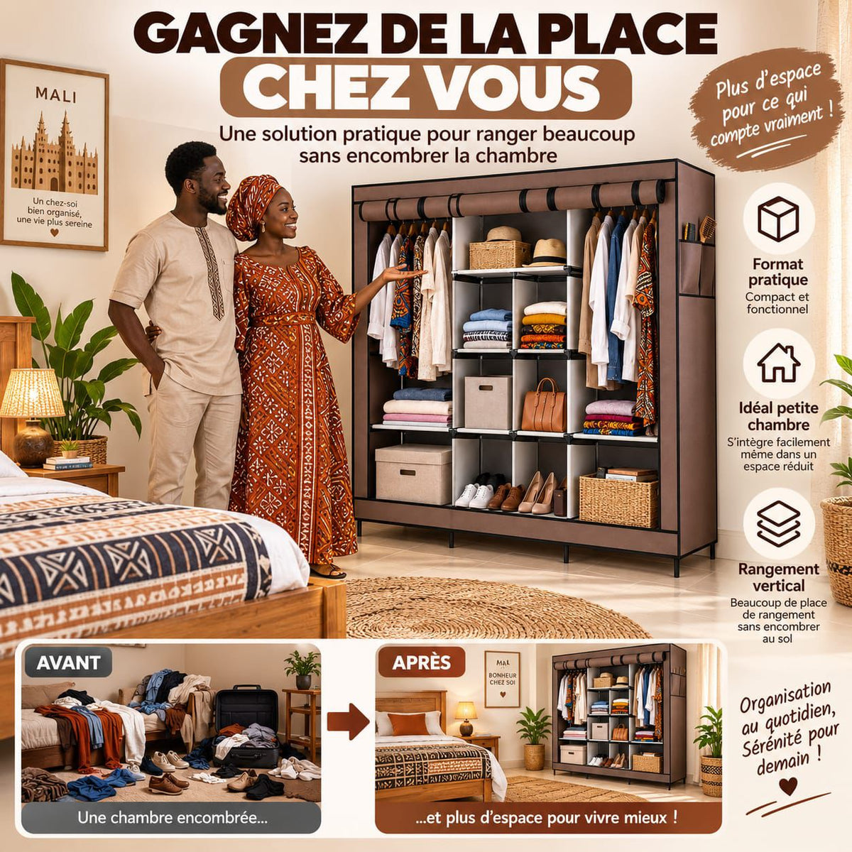 Armoire 4 Battants en Tissu Kainaiya