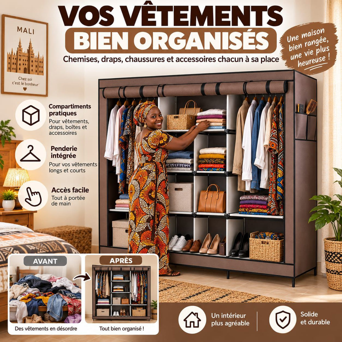 Armoire 4 Battants en Tissu Kainaiya