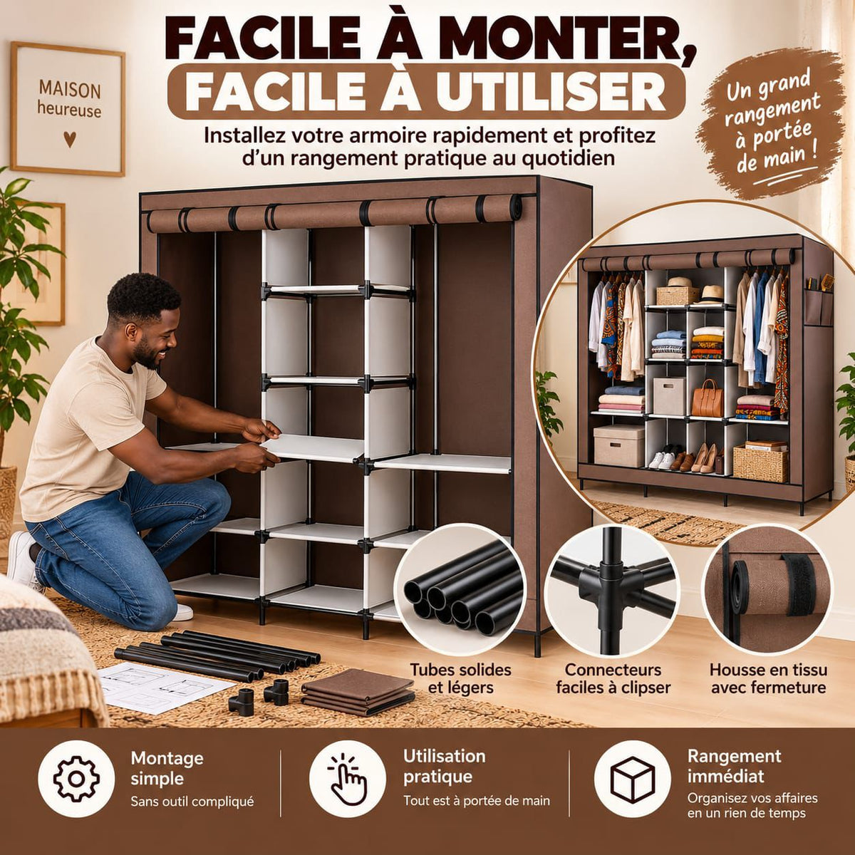 Armoire 4 Battants en Tissu Kainaiya